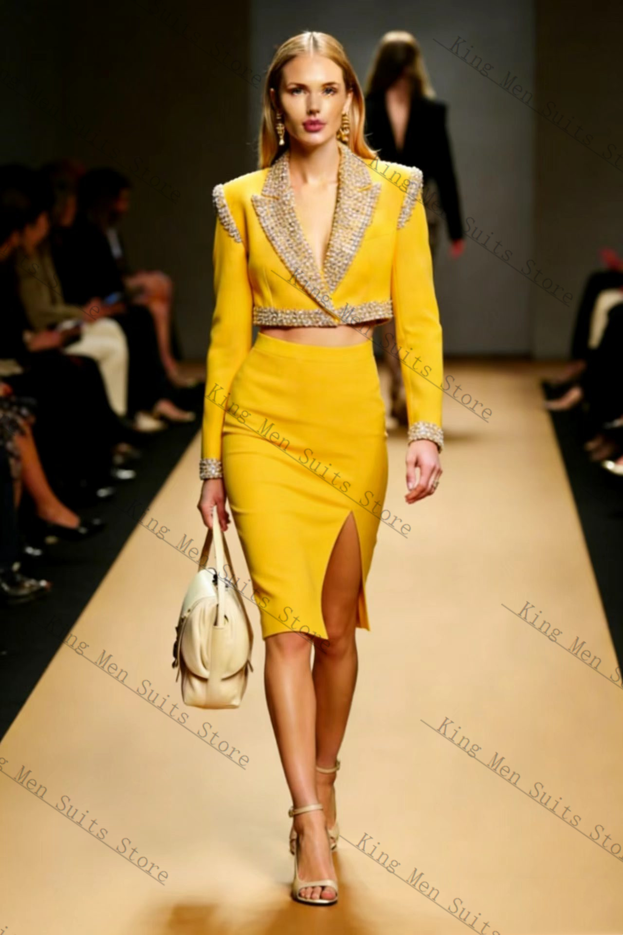 طقم بدلة نسائية بكريستالات صفر - مراجعة Yellow Formal Wear Women وسعره