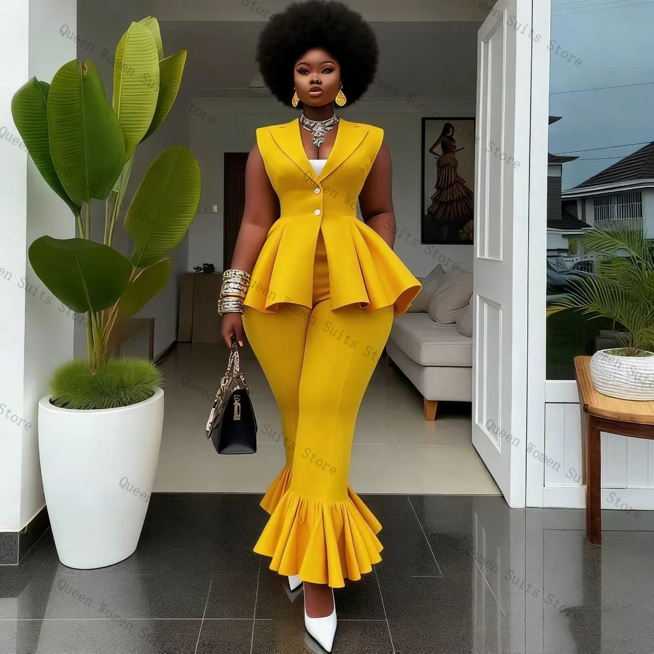 طقم بدلة نسائية صفراء من قطعتي - مراجعة Yellow Formal Wear Women وسعره