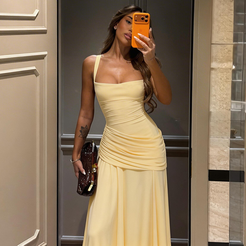فستان نسائي أنيق طويل بدون أكم - مراجعة Yellow Formal Wear Women وسعره