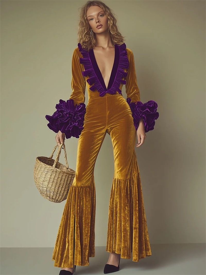 جمبسوت نسائي مخملي أصفر بنفسجي - مراجعة Yellow Formal Wear Women وسعره